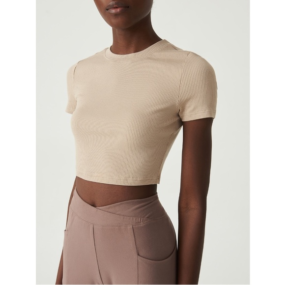 RIb Knit Crop Top in Beige Short Sleeve - Picture 3 of 12